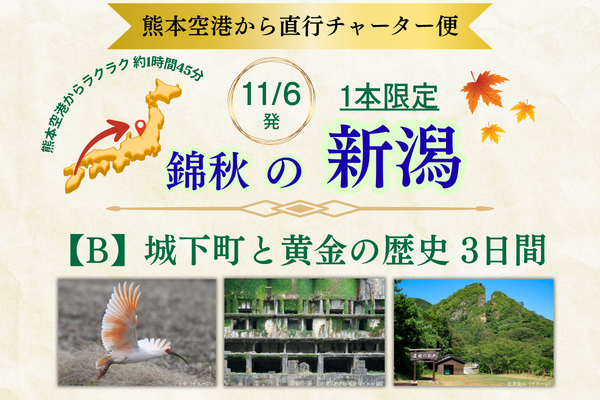 《催行決定！》11/6発 人類の至宝「佐渡の金山」へ。城下町と黄金の歴史を巡る新潟3日間【Ｂコース】✈阿蘇くまもと空港発着FDAチャーター便で行く新潟✈